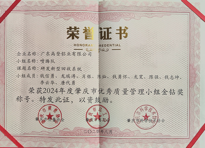 榮獲2024年度肇慶市優(yōu)秀質(zhì)量管小組金鉆獎稱號。特發(fā)此證,以資鼓勵